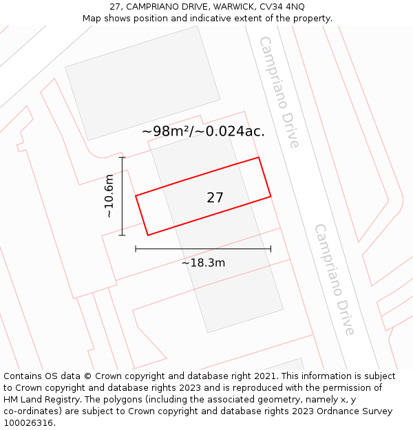 27, CAMPRIANO DRIVE, WARWICK, CV34 4NQ: Plot and title map