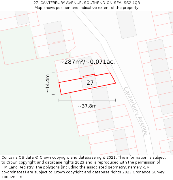 27, CANTERBURY AVENUE, SOUTHEND-ON-SEA, SS2 4QR: Plot and title map