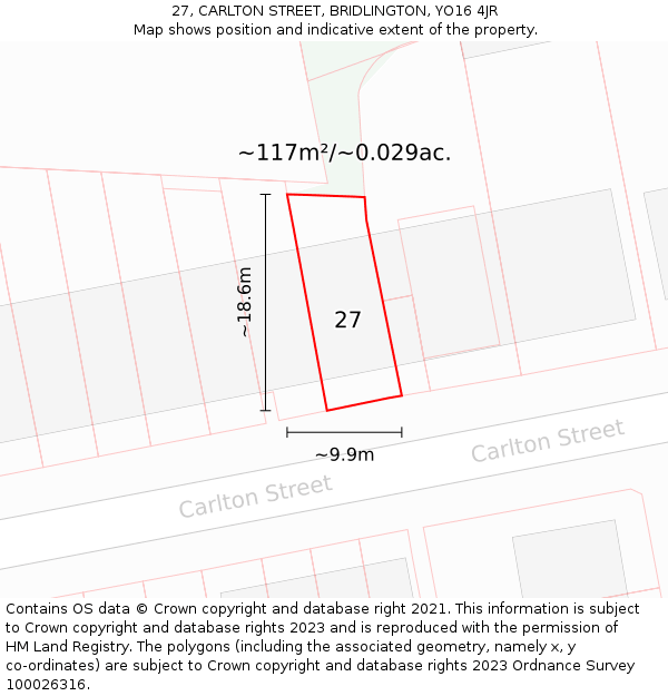 27, CARLTON STREET, BRIDLINGTON, YO16 4JR: Plot and title map