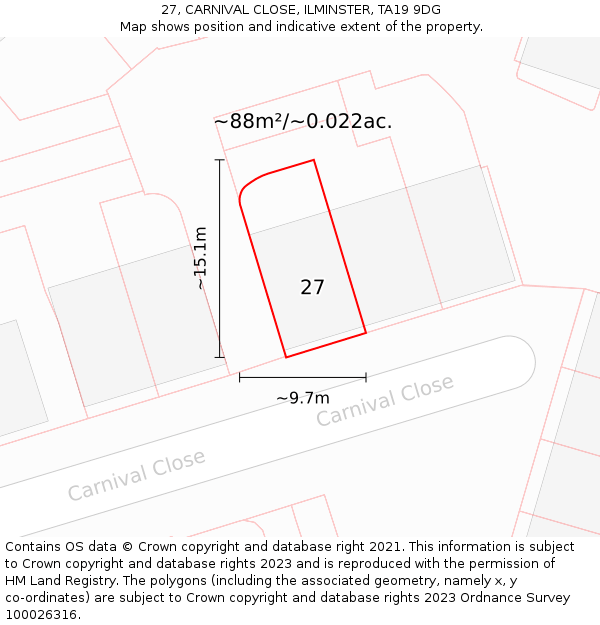 27, CARNIVAL CLOSE, ILMINSTER, TA19 9DG: Plot and title map