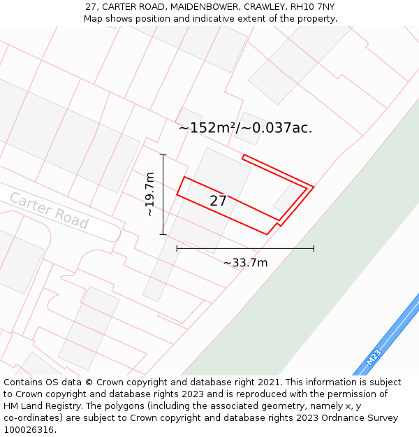 27, CARTER ROAD, MAIDENBOWER, CRAWLEY, RH10 7NY: Plot and title map