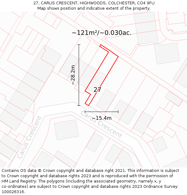 27, CARUS CRESCENT, HIGHWOODS, COLCHESTER, CO4 9FU: Plot and title map