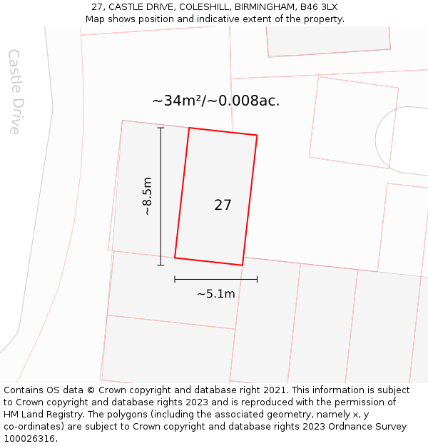 27, CASTLE DRIVE, COLESHILL, BIRMINGHAM, B46 3LX: Plot and title map