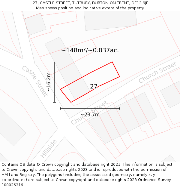 27, CASTLE STREET, TUTBURY, BURTON-ON-TRENT, DE13 9JF: Plot and title map