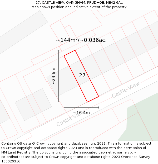 27, CASTLE VIEW, OVINGHAM, PRUDHOE, NE42 6AU: Plot and title map