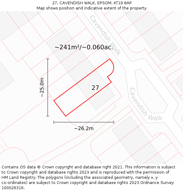 27, CAVENDISH WALK, EPSOM, KT19 8AP: Plot and title map