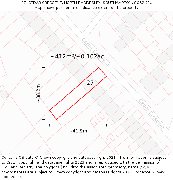 27, CEDAR CRESCENT, NORTH BADDESLEY, SOUTHAMPTON, SO52 9FU: Plot and title map