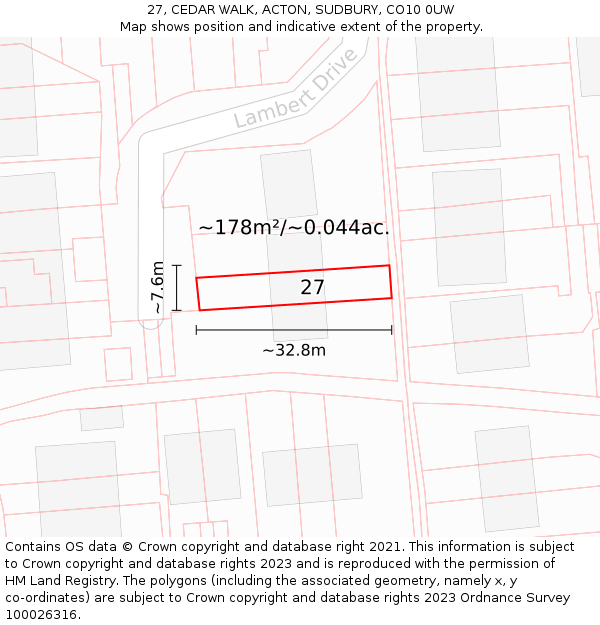 27, CEDAR WALK, ACTON, SUDBURY, CO10 0UW: Plot and title map
