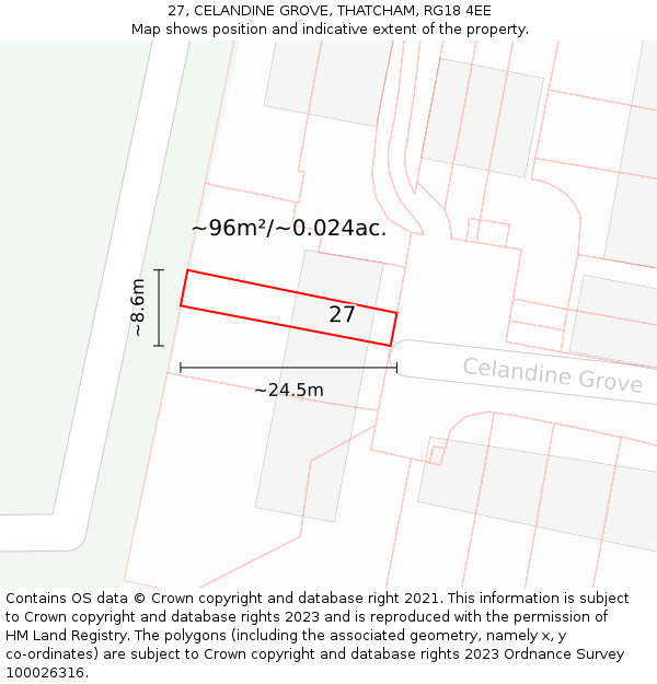 27, CELANDINE GROVE, THATCHAM, RG18 4EE: Plot and title map