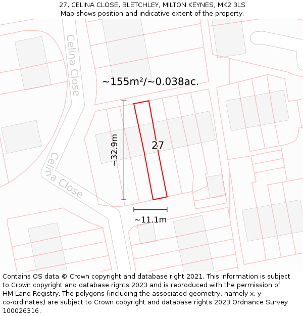 27, CELINA CLOSE, BLETCHLEY, MILTON KEYNES, MK2 3LS: Plot and title map