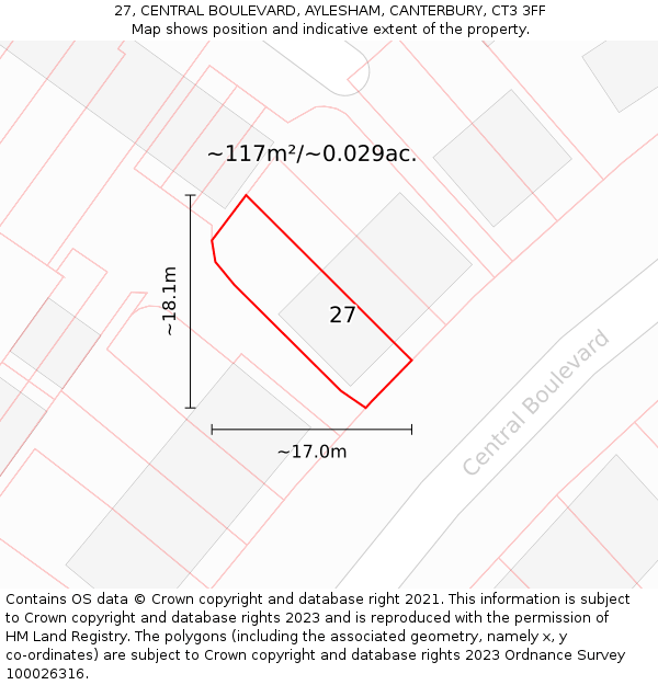 27, CENTRAL BOULEVARD, AYLESHAM, CANTERBURY, CT3 3FF: Plot and title map