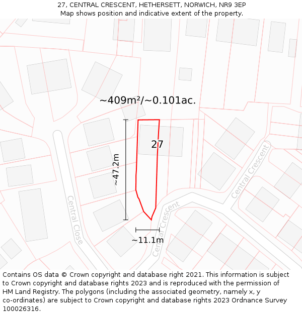 27, CENTRAL CRESCENT, HETHERSETT, NORWICH, NR9 3EP: Plot and title map