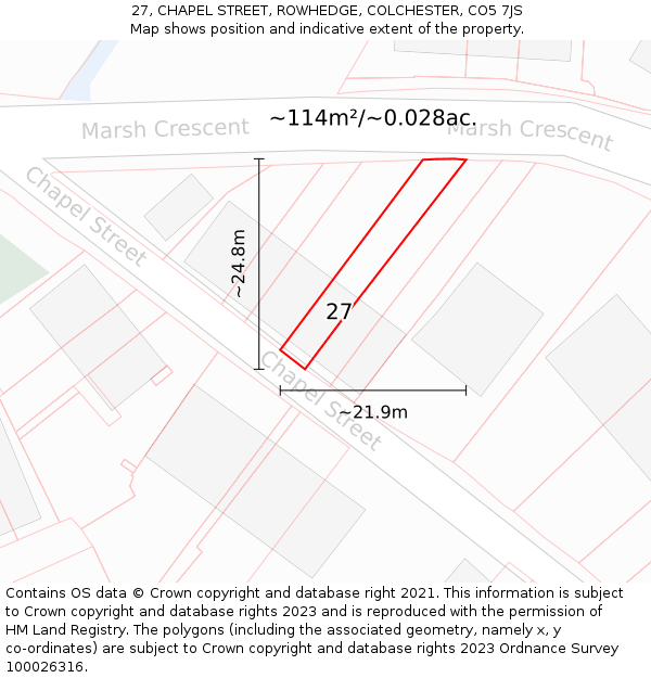27, CHAPEL STREET, ROWHEDGE, COLCHESTER, CO5 7JS: Plot and title map