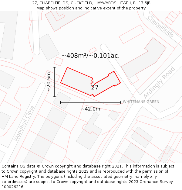 27, CHAPELFIELDS, CUCKFIELD, HAYWARDS HEATH, RH17 5JR: Plot and title map