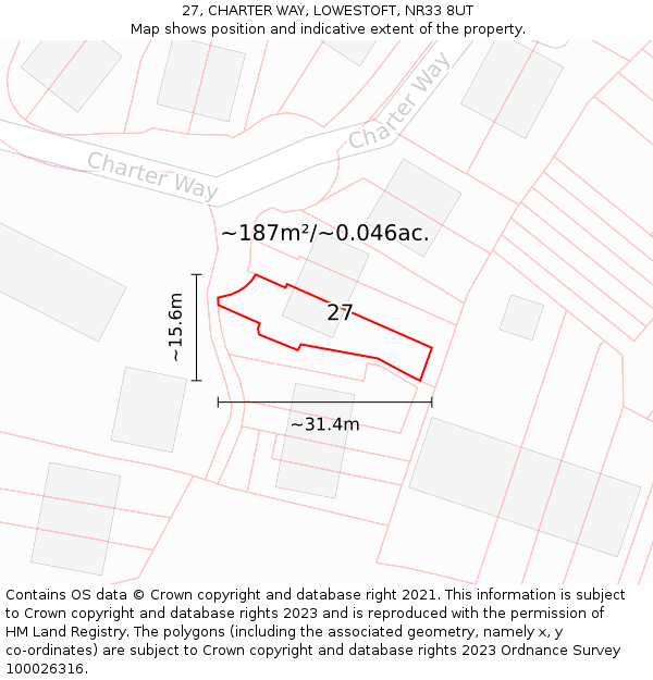 27, CHARTER WAY, LOWESTOFT, NR33 8UT: Plot and title map