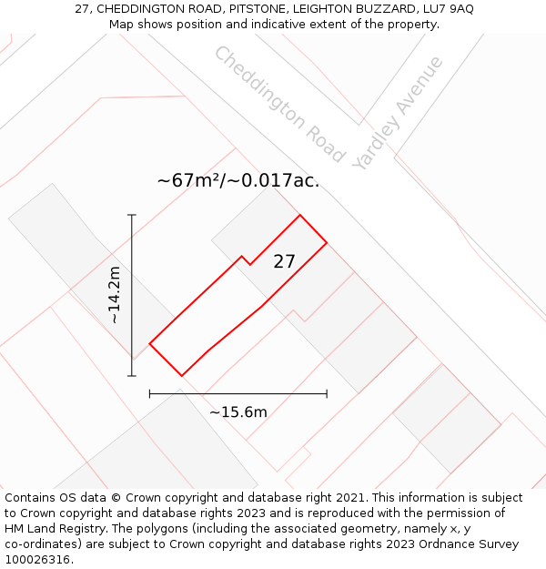 27, CHEDDINGTON ROAD, PITSTONE, LEIGHTON BUZZARD, LU7 9AQ: Plot and title map
