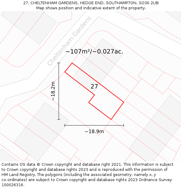 27, CHELTENHAM GARDENS, HEDGE END, SOUTHAMPTON, SO30 2UB: Plot and title map