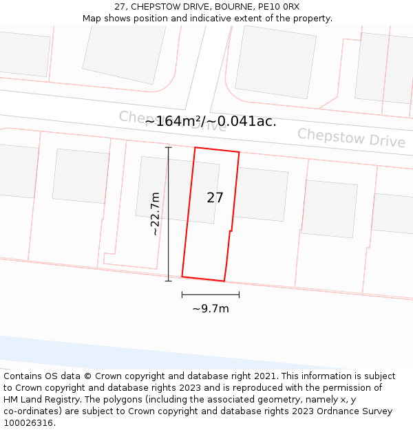 27, CHEPSTOW DRIVE, BOURNE, PE10 0RX: Plot and title map