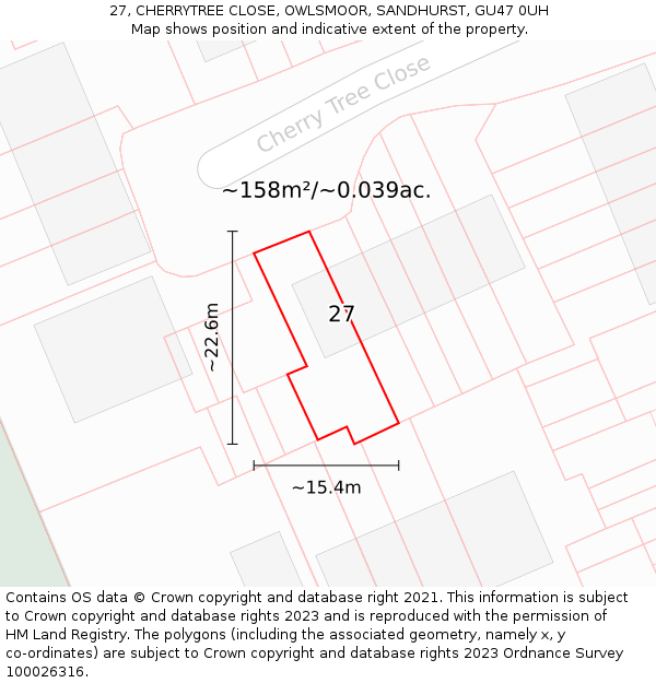 27, CHERRYTREE CLOSE, OWLSMOOR, SANDHURST, GU47 0UH: Plot and title map