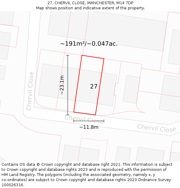 27, CHERVIL CLOSE, MANCHESTER, M14 7DP: Plot and title map