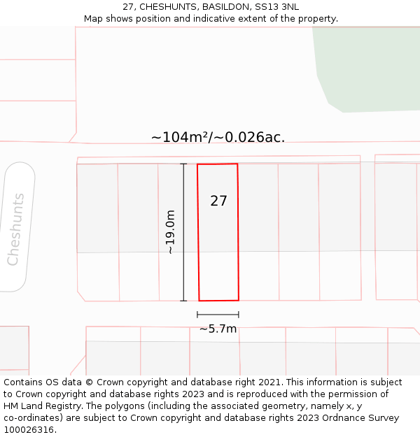 27, CHESHUNTS, BASILDON, SS13 3NL: Plot and title map