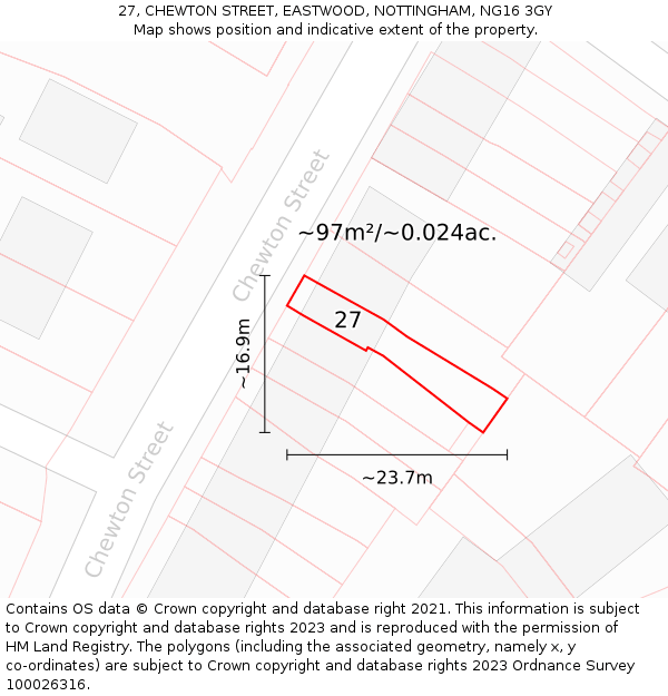 27, CHEWTON STREET, EASTWOOD, NOTTINGHAM, NG16 3GY: Plot and title map