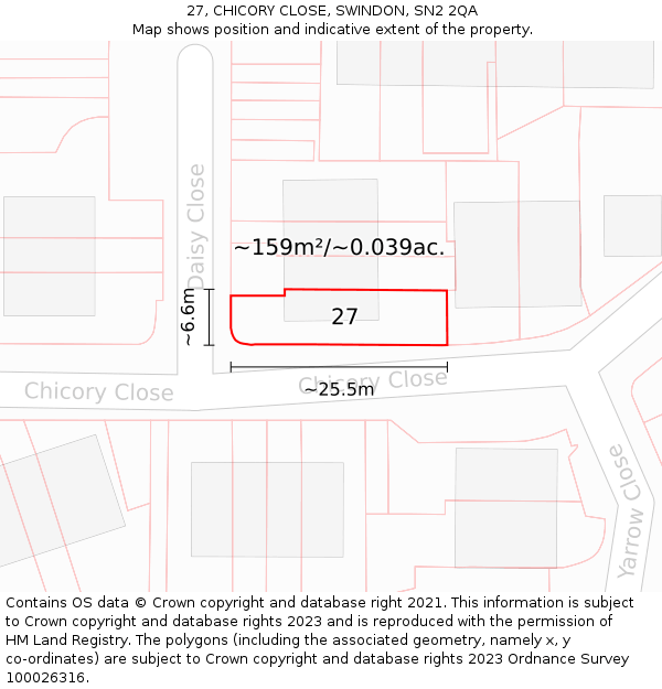 27, CHICORY CLOSE, SWINDON, SN2 2QA: Plot and title map