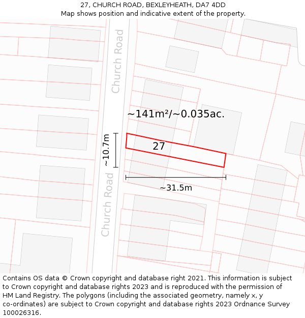 27, CHURCH ROAD, BEXLEYHEATH, DA7 4DD: Plot and title map