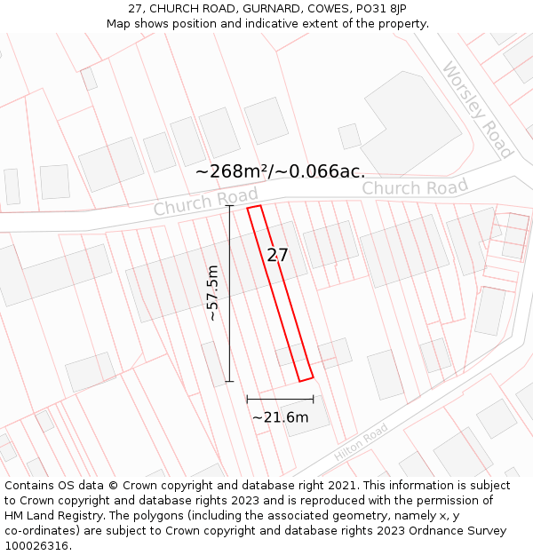 27, CHURCH ROAD, GURNARD, COWES, PO31 8JP: Plot and title map