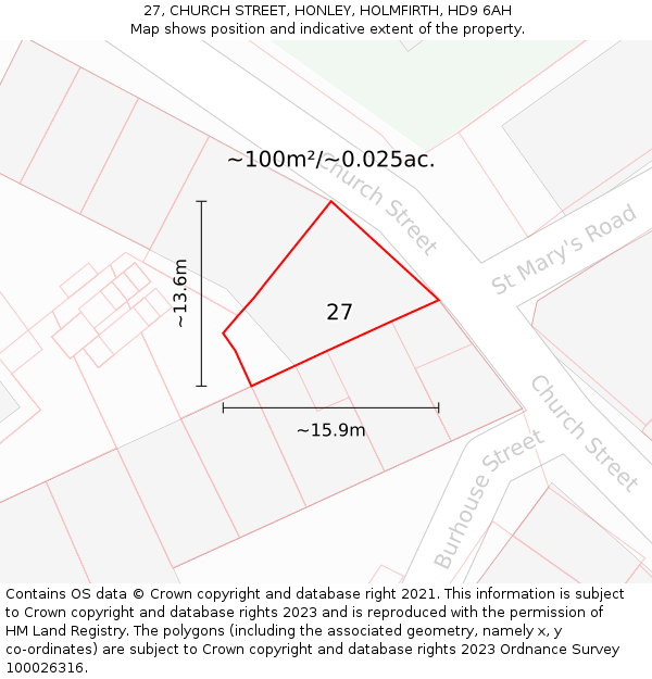 27, CHURCH STREET, HONLEY, HOLMFIRTH, HD9 6AH: Plot and title map