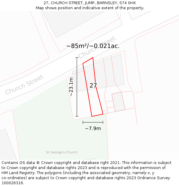 27, CHURCH STREET, JUMP, BARNSLEY, S74 0HX: Plot and title map