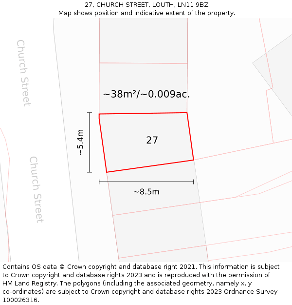 27, CHURCH STREET, LOUTH, LN11 9BZ: Plot and title map