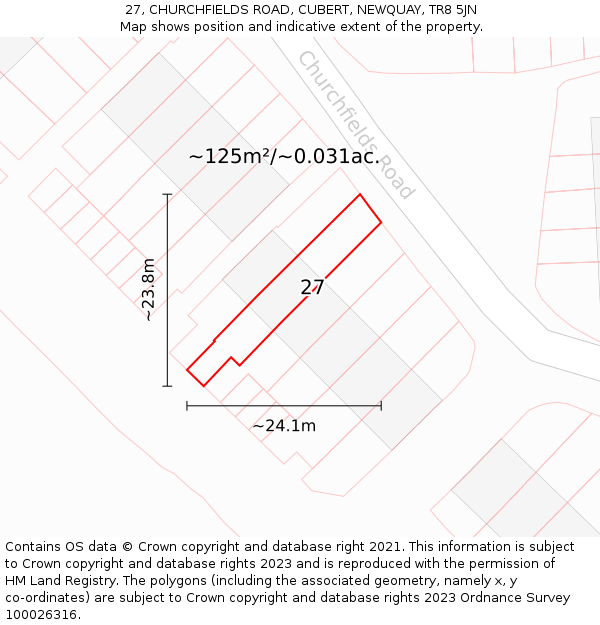 27, CHURCHFIELDS ROAD, CUBERT, NEWQUAY, TR8 5JN: Plot and title map