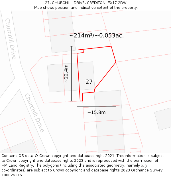27, CHURCHILL DRIVE, CREDITON, EX17 2DW: Plot and title map