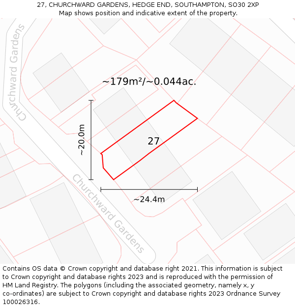 27, CHURCHWARD GARDENS, HEDGE END, SOUTHAMPTON, SO30 2XP: Plot and title map