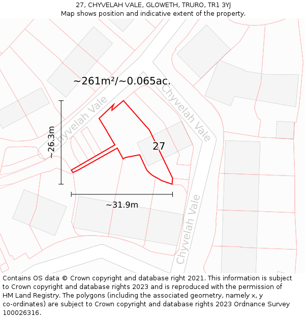 27, CHYVELAH VALE, GLOWETH, TRURO, TR1 3YJ: Plot and title map