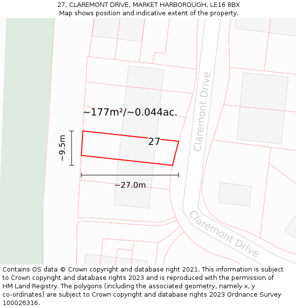 27, CLAREMONT DRIVE, MARKET HARBOROUGH, LE16 8BX: Plot and title map