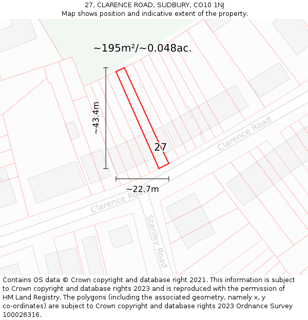 27, CLARENCE ROAD, SUDBURY, CO10 1NJ: Plot and title map