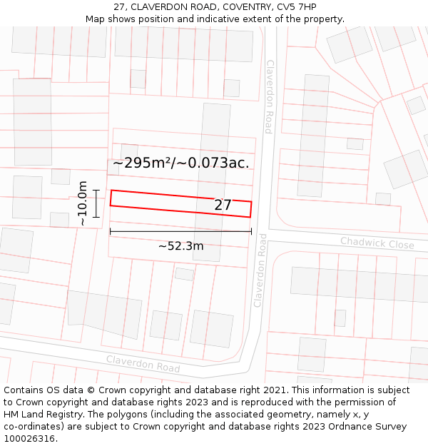 27, CLAVERDON ROAD, COVENTRY, CV5 7HP: Plot and title map
