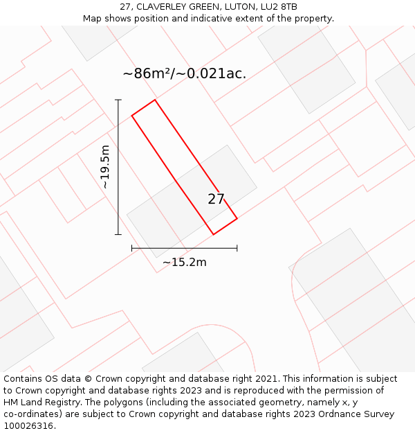 27, CLAVERLEY GREEN, LUTON, LU2 8TB: Plot and title map