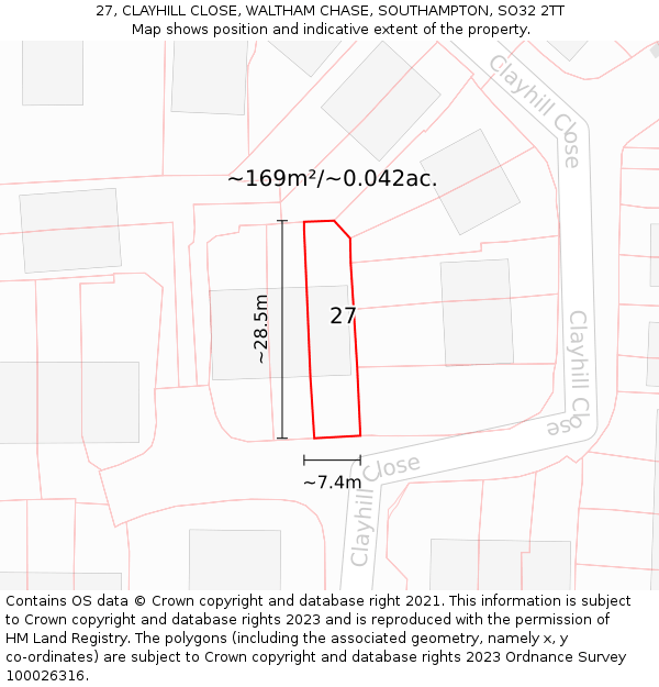 27, CLAYHILL CLOSE, WALTHAM CHASE, SOUTHAMPTON, SO32 2TT: Plot and title map