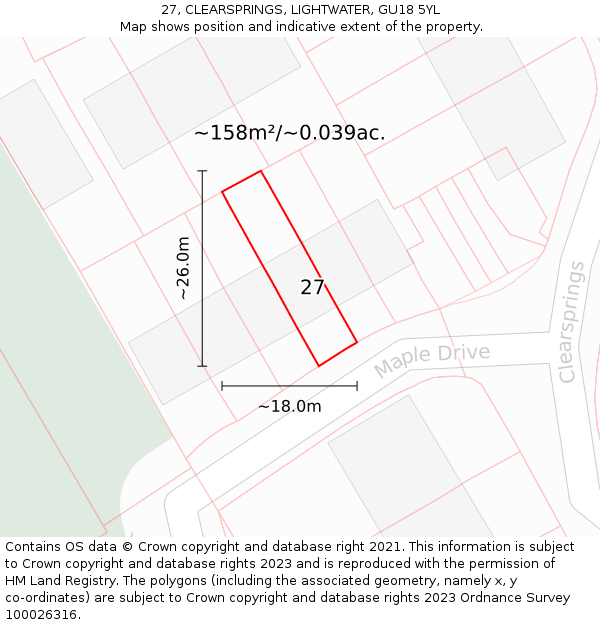 27, CLEARSPRINGS, LIGHTWATER, GU18 5YL: Plot and title map