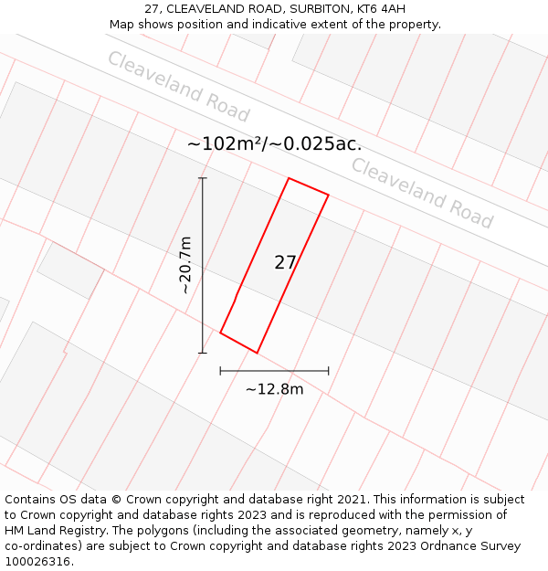 27, CLEAVELAND ROAD, SURBITON, KT6 4AH: Plot and title map