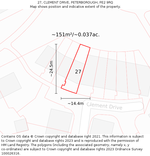 27, CLEMENT DRIVE, PETERBOROUGH, PE2 9RQ: Plot and title map