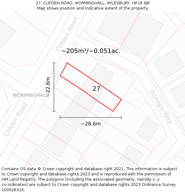 27, CLIFDEN ROAD, WORMINGHALL, AYLESBURY, HP18 9JR: Plot and title map