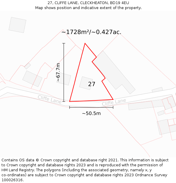 27, CLIFFE LANE, CLECKHEATON, BD19 4EU: Plot and title map