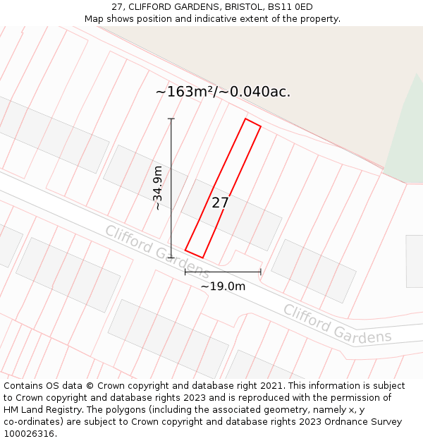 27, CLIFFORD GARDENS, BRISTOL, BS11 0ED: Plot and title map