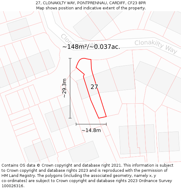 27, CLONAKILTY WAY, PONTPRENNAU, CARDIFF, CF23 8PR: Plot and title map