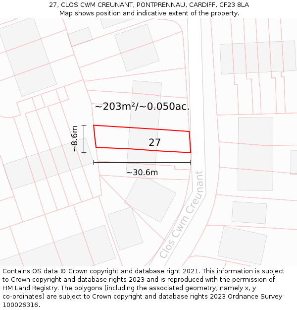 27, CLOS CWM CREUNANT, PONTPRENNAU, CARDIFF, CF23 8LA: Plot and title map