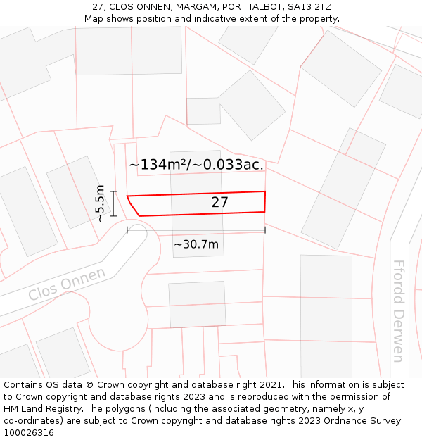 27, CLOS ONNEN, MARGAM, PORT TALBOT, SA13 2TZ: Plot and title map